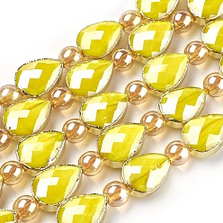 Yellow Opaque Glass Beads Strands, with Golden Tone Brass Findings, Pearl Luster Plated, Faceted, teardrop, Yellow, 14x10x7mm, Hole: 1.2mm, about 10pcs/strand, 7.59 inch (19.3cm)