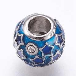 Dark Blue 304 Stainless Steel European Beads, Large Hole Beads, with Enamel and Rhinestone, Rondelle with Star, Stainless Steel Color, Dark Blue, 10x9.5mm, Hole: 4mm