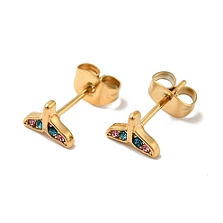 Colorful Rhinestone Whale Tail Shape Stud Earrings with 316 Surgical Stainless Steel Pins, Gold Plated 304 Stainless Steel Jewelry for Women, Colorful, 5.5x7.5mm, Pin: 0.8mm