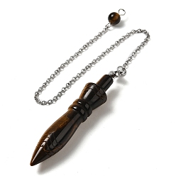 Tiger Eye Natural Tiger Eye Pointed Dowsing Pendulums, with 304 Stainless Steel Chains, Bullet Charm, 243mm, Bullet: 60x12.5mm, Hole: 3mm