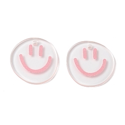 Pink Transparent Printed Acrylic Pendants, Flat Round with Smiling Face Charm, Pink, 20.5~21x20~21x2mm, Hole: 1.6mm