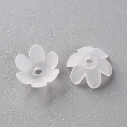 White Frosted Acrylic Bead Caps, 6-Petal, Flower, White, 14x6mm, Hole: 2mm, about 1660pcs/500g