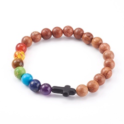 Camel Chakra Jewelry, Natural Wood Beaded Stretch Bracelets, with Natural & Synthetic Gemstone Beads, Round & Cross, Camel, Inner Diameter: 2-1/8~2-1/4 inch(5.3~5.6cm)