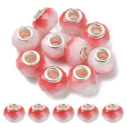 Red Glass European Beads, Large Hole Beads, with Silver Tone Brass Double Cores, Faceted Rondelle, Red, 14x9mm, Hole: 5mm