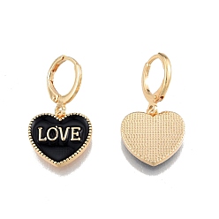 Black Heart with Word Love Enamel Dangle Leverback Earrings, Real 18K Gold Plated Brass Jewelry for Women, Cadmium Free & Nickel Free & Lead Free, Black, 28mm, Pin: 1mm