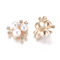 Blanc Cabochons en alliage, avec strass en cristal et perle d'imitation acrylique, fleur, or et de lumière, blanc, 19~20x21~22x10mm