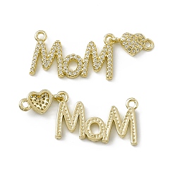 Real 18K Gold Plated Rack Plating Brass Micro Pave Clear Cubic Zirconia Connector Charms, Mother's Day Links Word Mom with Heart for Women, Cadmium Free & Lead Free, Long-Lasting Plated, Real 18K Gold Plated, 17x36x2.5mm, Hole: 1.6mm