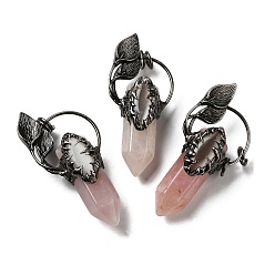 Quartz Rose Naturelle quartz rose gros pendentifs, charmes de balle et de fleurs à facettes, avec les accessoires en laiton plaqués de gris anthracite, sans cadmium et sans plomb, 66~68x30~33x19~21mm, Trou: 6mm