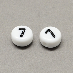 Number Acrylique blanc et noir, rond et plat avec num. 7, 7x4mm, trou: 1.3 mm, environ 3600 pcs / 500 g