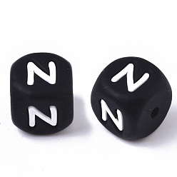 Letter N Food Grade Eco-Friendly Silicone Beads, Horizontal Hole, Chewing Beads For Teethers, DIY Nursing Necklaces Making, Cube, Black, Letter.N, 12x12x12mm, Hole: 2mm