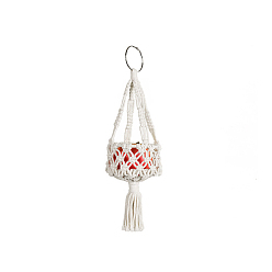 Red Macrame Cotton Pendant Decorations, Boho Style Hanging Planter Baskets for Interior Car View Mirror Hanging Ornament, Red, 400~410mm