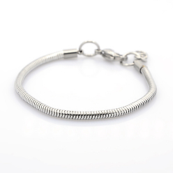 Couleur Acier Inoxydable 304 bracelets de chaînes serpent rondes en acier inoxydable de style européen, avec fermoir, couleur inox, 163x3mm