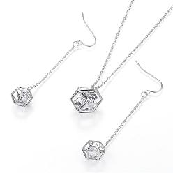 Stainless Steel Color 304 Stainless Steel Jewelry Sets, Earrings and Pendant Necklaces, Hexagon with Glass Rhinestone, Stainless Steel Color, 70mm, Pin: 0.8mm, 17.7 inch