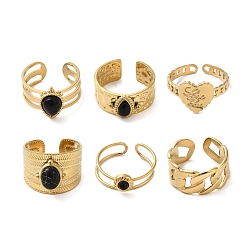 Real 18K Gold Plated 6Pcs 6 Style Crown & Teardrop & Heart 304 Stainless Steel Open Cuff Rings Set, Natural Obsidian Stackable Rings, Real 18K Gold Plated, Inner Diameter: 16.7~18mm, 1Pc/style