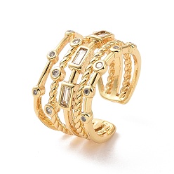 Настоящее золото 18K Прямоугольное открытое кольцо-манжета из прозрачного кубического циркония, латунное широкое кольцо тройной линии для женщин, без кадмия, без никеля и без свинца, реальный 18 k позолоченный, размер США 6 1/2 (16.9 мм)