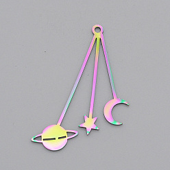 Rainbow Color Ion Plating(IP) 201 Stainless Steel Pendants, Laser Cut, Moon, Star & Planet, Rainbow Color, 42x31x1mm, Hole: 1.8mm