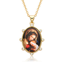 Chocolat Collier ovale en résine sur le thème de la religion avec pendentif en strass, collier en laiton doré, chocolat, 19.69 pouce (50 cm)