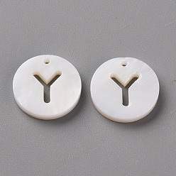Letter Y Natural Freshwater Shell Pendants, Flat Round with Letter, Letter.Y, 12x1.5mm, Hole: 1mm