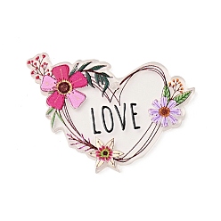 Flower Valentine's Day Theme Acrylic Pendants, Heart with Word Love, Flower Pattern, 28x40x2mm, Hole: 1.6mm
