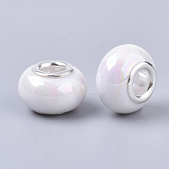 White Opaque Resin European Beads, Large Hole Beads, Imitation Porcelain, with Platinum Tone Brass Double Cores, AB Color, Rondelle, White, 14x9mm, Hole: 5mm