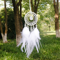 Feather Natural Quartz Crystal Woven Web/Net with Feather Pendant Decorations, with Wood Beads, Covered with Cotton Lace and Villus Cord, 400x70mm