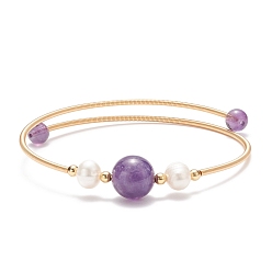 Améthyste Bracelet en perles rondes d'améthyste et de perles naturelles, bracelet torque en laiton pour femme, or, diamètre intérieur: 2-1/4 pouce (5.6 cm)
