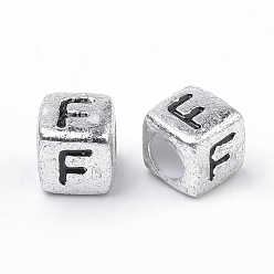 Letter F Plated Acrylic Beads, Horizontal Hole, Cube with Letter, Antique Silver, Letter.F, 6mm, Hole: 3mm, about 3000pcs/500g