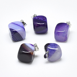 Medium Slate Blue Natural Banded Agate/Striped Agate Pendants, Dyed, with Stainless Steel Snap On Bails, Cube, Stainless Steel Color, Medium Slate Blue, 24~29x19~25x17~25mm, Hole: 3~4x7~8.5mm