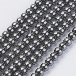 Gray Eco-Friendly Glass Pearl Beads Strands, Grade A, Round, Dyed, Cotton Cord Threaded, Gray, 8mm, Hole: 1.2~1.5mm, about 52pcs/strand, 15.7 inch