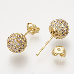Golden Brass Cubic Zirconia Stud Earrings, with Ear Nuts, Round, Clear, Golden, 19.5x8mm, Pin: 0.7mm