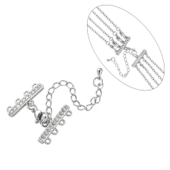 Real Platinum Plated Brass Micro Pave Cubic Zirconia Chain Extender, Necklace Layering Clasps, with 4 Strands 8-Hole Ends and Lobster Claw Clasps, Nickel Free, Clear, Real Platinum Plated, 50mm, Clasp: 10x6x2.5mm, Extend Chain: 40x3mm, End: 8.5x21.5x2mm, Hole: 1.4mm