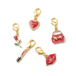 Mixed Color Valentine's Day Theme Alloy Enamel Pendant Decoration, Clip-on Charms, with Zinc Alloy Lobster Claw Clasps, Rose/LIpstick/Heart/Bag/Lip, Mixed Color, 28~35mm