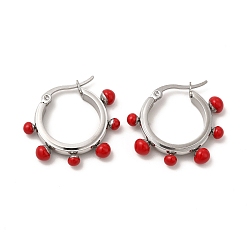 Stainless Steel Color Red Enamel Round Beaded Hoop Earrings, 304 Stainless Steel Jewelry for Women, Stainless Steel Color, 26x27x5mm, Pin: 0.8~1.4x0.7mm