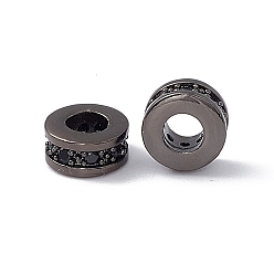 Gunmetal Brass Spacer Beads, with Jet Rhinestone, Flat Round, Gunmetal, 7x3~3.7mm, Hole: 3.4mm