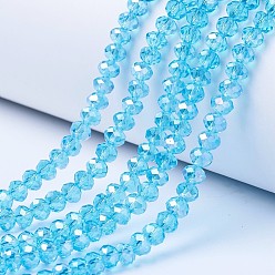 Cyan Perles en verre electroplate, de couleur plaquée ab , facette, rondelle, cyan, 4x3mm, Trou: 0.4mm, Environ 123~127 pcs/chapelet, 16.5~16.9 pouce (42~43 cm)