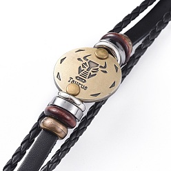 Taureau Bracelet en cuir tressé bracelets multi brins rétro, avec des perles en bois  , perles d'hématite et résultats d'alliage, plat rond, bronze antique, taurus, 8-1/4 pouce (21 cm)