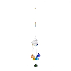 Platine Cristal lustre suncatchers prismes chakra pendentif suspendu, avec chaînes et maillons en fer, perles de verre et strass, losange, platine, 442mm