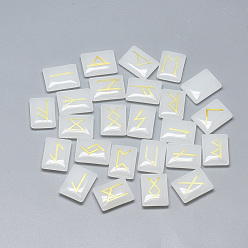 Blanc Fumé Peint à la bombe cabochons de verre, rectangle avec runes / futhark / futhorc, fumée blanche, 19~20x14~15x4.5~6 mm, 25 pcs / set
