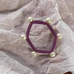 Blue Violet Hexagon Cloth Elastic Hair Accessories, Plastic Imitation Pearl Bead Hair Ties, for Girls or Women, Blue Violet, 50mm