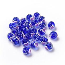 Dark Blue Handmade Lampwork Beads, Round with Heart, Dark Blue, 10x9mm, Hole: 1.4mm