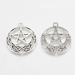 Antique Silver Tibetan Style Alloy Pentacle Pendants, Wicca Pendants, Flat Round with Pentagram Star, Antique Silver, 30.5x26x1.5mm, Hole: 2mm