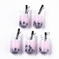 Pearl Pink Glass Bottle Pendants, with Resin Inside, Imitation Bubble Tea/Boba Milk Tea, Pearl Pink, 27x12x10mm, Hole: 1.8mm