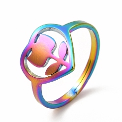 Rainbow Color Chapado en iones (ip) 304 corazón de acero inoxidable con flor anillo ajustable para mujer, color del arco iris, tamaño de EE. UU. 6 (16.5 mm)