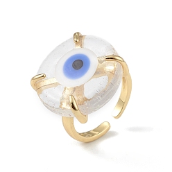 White Lampwork Evil Eye Open Cuff Ring, Golden Brass Lucky Jewelry for Women, Lead Free & Cadmium Free, White, Inner Diameter: 16mm