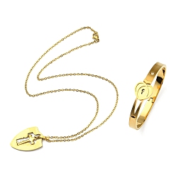 Golden 304 Stainless Steel Heart Lock Bangle with Cubic Zirconia, Key Pendant Necklace, Couple Jewelry Set for Valentine's Day, Golden, 496mm, Inner Diameter: 58mm.