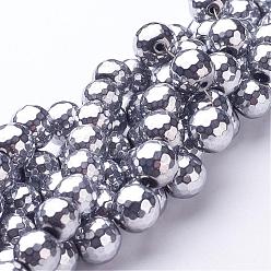 Platinum Plated Non-Magnetic Synthetic Hematite Bead Strands, Faceted, Round, Platinum Plated, 10mm, Hole: 1mm, about 40pcs/strand, 15.9 inch