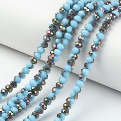 Cyan Electroplate Opaque Glass Beads Strands, Half Rose Gold Plated, Faceted, Rondelle, Cyan, 4x3mm, Hole: 0.4mm, about 123~127pcs/strand, 16.5~16.9 inch(42~43cm)