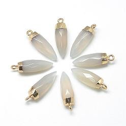 Agate Gris Pendentifs pointus en agate grise naturelle, avec les accessoires en laiton, facette, balle, or, 25~27x8mm, Trou: 2mm