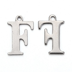 Letter F 304 inoxydable charmes de l'alphabet en acier, couleur inox, letter.f, 12x8x1mm, Trou: 1mm