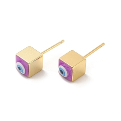 Dark Orchid Long-Lasting Plated Cube with Enamel Evil Eye Stud Earring, Real 18K Gold Plated Brass Jewelry for Women, Dark Orchid, 6x6mm, Pin: 0.8mm